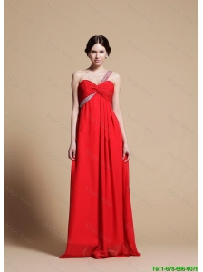 Modest Empire One Shoulder Red Prom Dresses with Beading