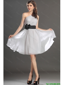 Modest One Shoulder Hand Made Flower and Belt Prom Dress in Grey