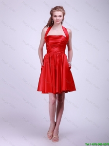Modest Short Ruched Red Prom Dresses with Halter Top