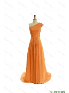 Perfect Gorgeous Ruching One Shoulder Orange Prom Dresses with Brush Train