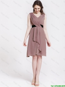 Perfect Short V Neck Ruching and Belt Prom Dresses in Brown for 2016