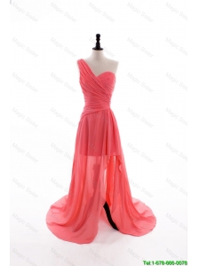 Pretty Gorgeous Column One Shoulder Watermelon Prom Dresses with Ruching