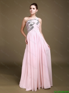 Delicate One Shoulder Baby Pink Prom Dresses with Sequins