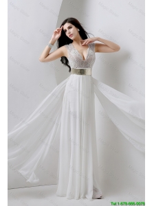 Modest Empire V Neck White Prom Dresses with Beading and Belt