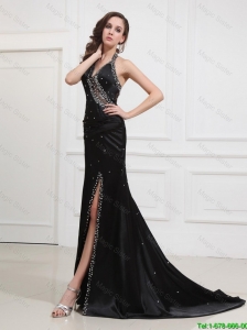 Classical 2016 Halter Top Black Prom Dresses with Beading and High Slit