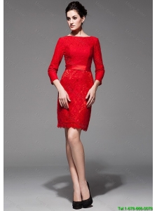 Custom Made 2016 Lace 3/4 Sleeves Short Red Prom Dress with Belt