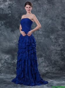 New Arrivals Strapless Blue Prom Dresses with Ruffles and Ruching
