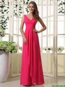 New Arrivals V Neck Empire Hot Pink Prom Dresses with Ruching