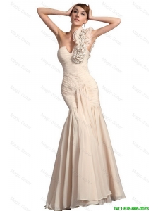 Champagne Mermaid Prom Gowns with Hand Made Flowers