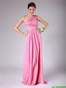 Classical Empire One Shoulder Rose Pink Prom Dresses with Ruching