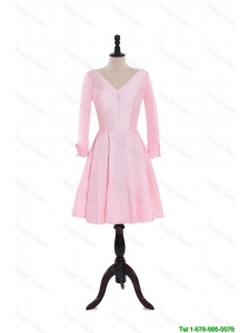 Pretty Custom Made A Line V Neck 3/4 Length Sleeve Prom Dresses in Baby Pink