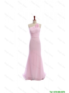 Cheap Simple Baby Pink Brush Train Prom Dresses with Hand Made Flowers