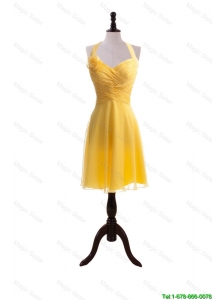 Cheap Exquisite 2016 Hand Made Flower and Ruching Short Yellow Prom Dresses