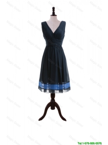 Perfect Elegant A Line V Neck Prom Dresses with Belt in Navy Blue