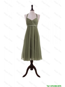 Pretty Simple Belt Halter Top Short Prom Dresses in Olive Green