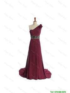 Beautiful Gorgeous One Shoulder Burgundy Prom Dress with Beading and Belt