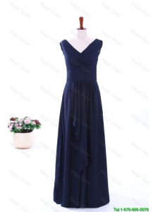 Cheap Simple Empire V Neck Prom Dresses in Navy Blue
