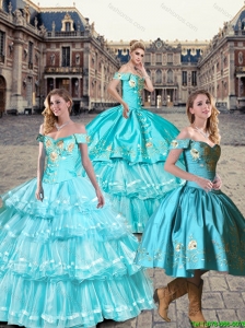 New Style Off the Shoulder Embroidery Quinceanera Dresses in Teal and Aqua Blue