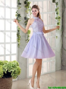 Beautiful A Line High Neck Lace Bridesmaid Dresses with Lavender