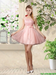 Sturning A Line Bateau Bridesmaid Dresses with Lace and Bowknot