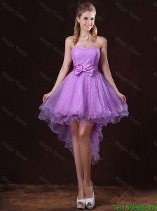 Pretty Strapless Bowknot Bridesmaid Dresses with High Low