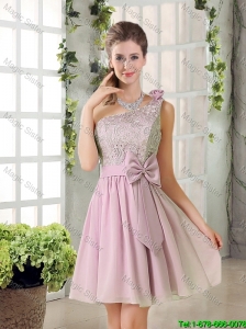 Discount A Line One Shoulder Pink Prom Dresses with Bowknot