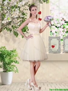 Popular A Line Champagne Prom Dresses with Appliques and Belt