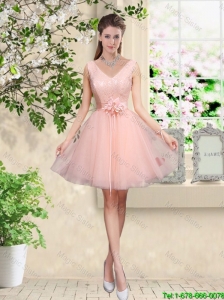 Decent V Neck Baby Pink Prom Dresses with Hand Made Flowers