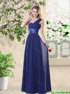 Cheap One Shoulder Floor Length Prom Dresses in Navy Blue