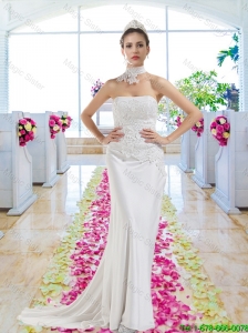Elegant Strapless Laced Wedding Dresses with Court Train