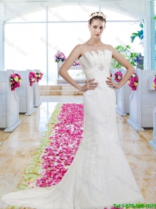 Exclusive Strapless Beaded Brush Train Wedding Dresses with Lace
