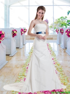 Inexpensive Strapless Belt and Ruched Wedding Dresses with Column