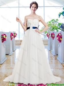 Modest Brush Train Wedding Dresses with Belt and Appliques