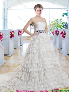 Popular Belt and Laced Bridal Gowns with Ruffled Layers