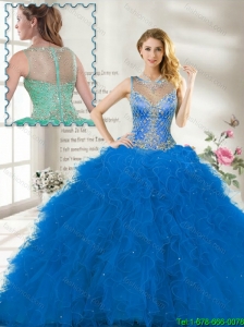 Fall Perfect Scoop Ruffles Blue Quinceanera Gown with Beading