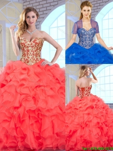 2015 Fall Fashionable Coral Red Quinceanera Gowns with Beading and Ruffles