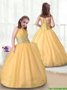 2016 Beautiful Ball Gown Halter Top New Style Little Girl Pageant Dresses es in Gold