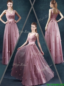 2015 Fall Classical V Neck Prom Dresses with Appliques and Belt