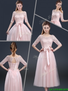 2016 Elegant Tea Length Prom Dresses with Lace and Bowknot