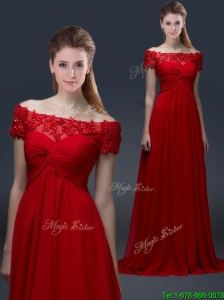 2016 Simple Off the Shoulder Short Sleeves Red Prom Dresses with Appliques