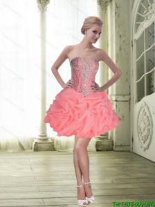 Modest Ball Gown Watermelon Prom Dress with Beading and Pick Ups