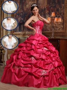 Cheap Coral Red Strapless Quinceanera Gowns with Appliques