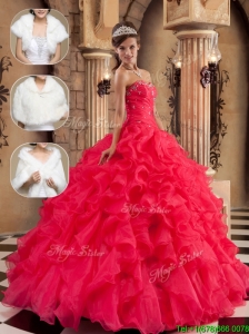 Clearance Beading and Ruffles Quinceanera Dresses  in Coral Red