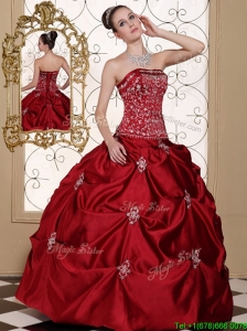 Puffy  Embroidery Wine Red Strapless Quinceanera Dresses