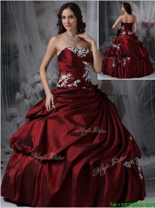 Puffy  Strapless Burgundy Quinceanera Dresses with Appliques