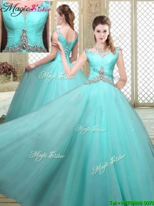 Luxurious Straps Beading Sweet 16 Dresses  in Aqua Blue