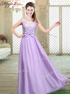 Pretty Scoop Bowknot Lavender Bridesmaid Dresses for Fall