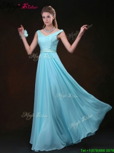 Low price Empire V Neck Modest Prom Dresses with Belt and Lace