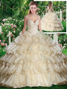 2016 Beautiful Straps Champange Sweet 16 Dresses with Beading and Ruffled Layers