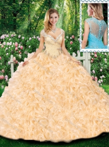 2016 Luxurious Ball Gown Cap Sleeves Quinceanera Dresses with Beading and Ruffles for Fall